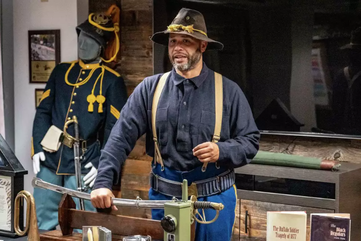 1st Sgt. Luis Padilla wears an authentic Buffalo Soldiers uniform and describes the lives and equipment of soldiers of color in West Texas forts in the late 1800s at the Buffalo Soldiers National Museum.